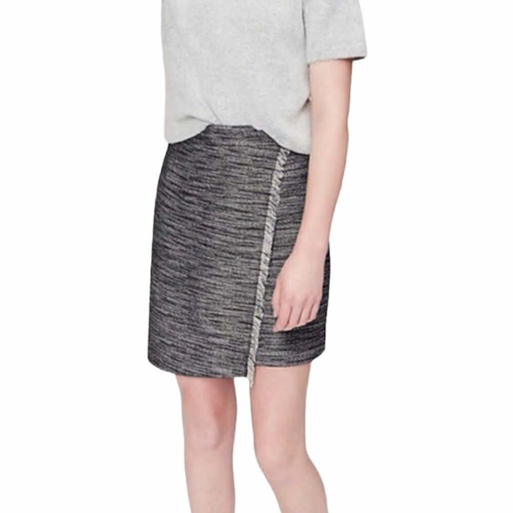 LOFT Heather Black and White Tweed Faux Wrap Skirt - Picture 2 of 16